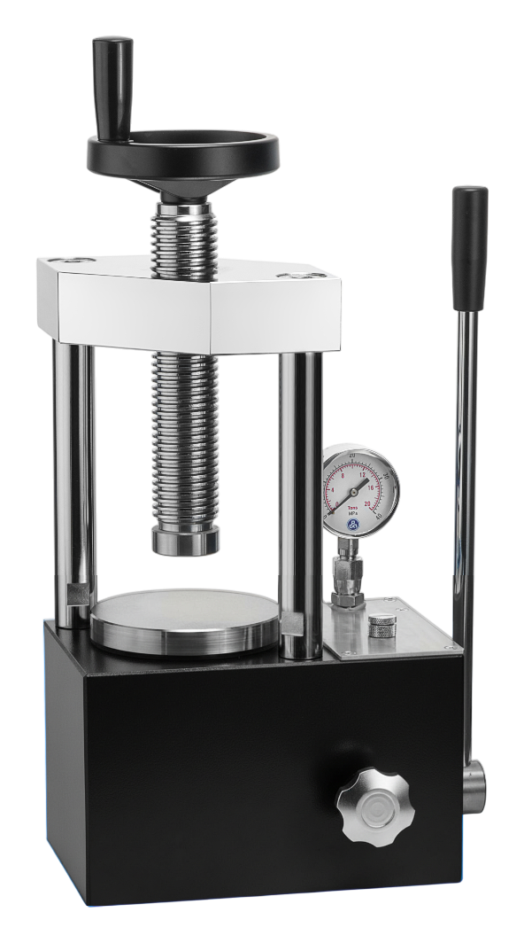 Two-pillar manual hydraulic pellet press with analogue pressure gauge