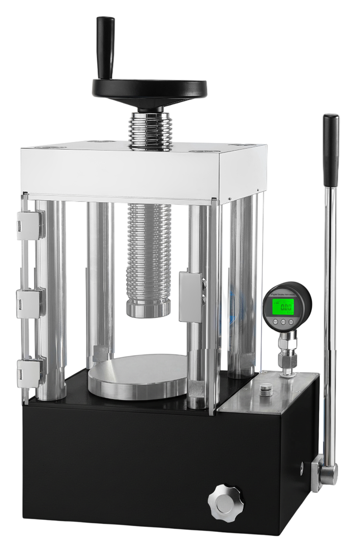 Guarded manual hydraulic press with digital gauge, alternate view