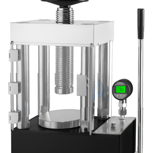 Manual hydraulic press with safety guard and digital pressure readout