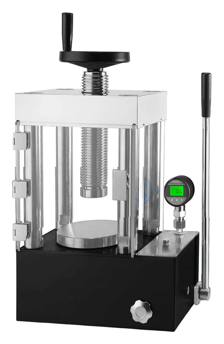 Manual hydraulic press with safety guard and digital pressure readout