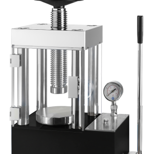Four-pillar manual press fitted with a clear polycarbonate safety guard
