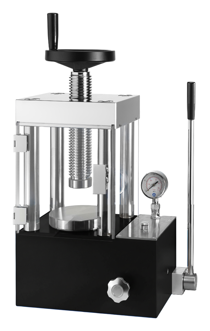 Manual hydraulic press with integrated plexiglass safety cover